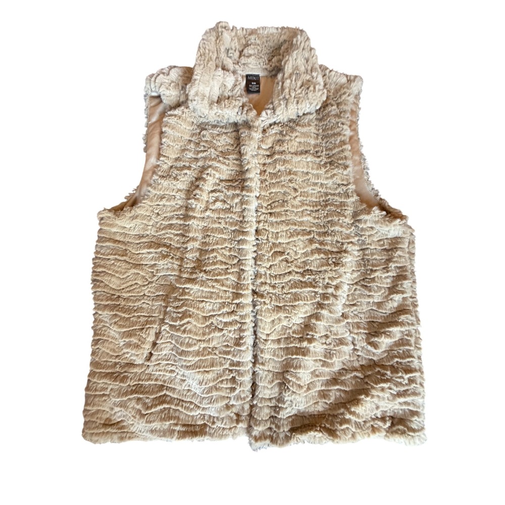 Mixit Faux Fur Vest Beige Tan Wavy Textured Sleeveless Jacket S/M